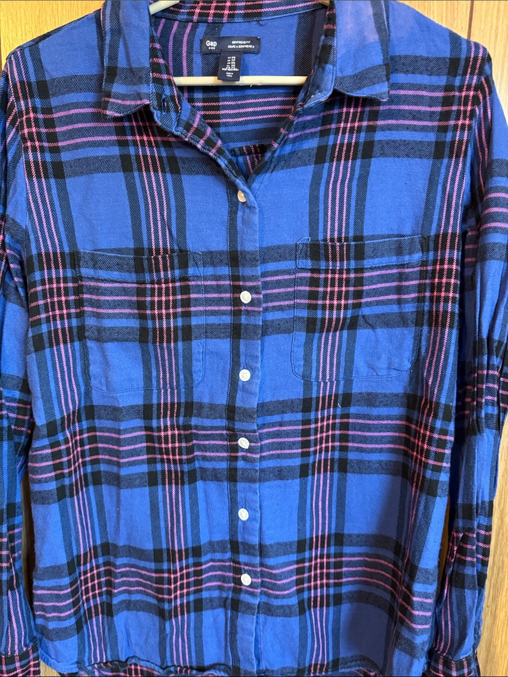 GAP Blue Plaid Button-Down Shirt with Pink & Black Accents